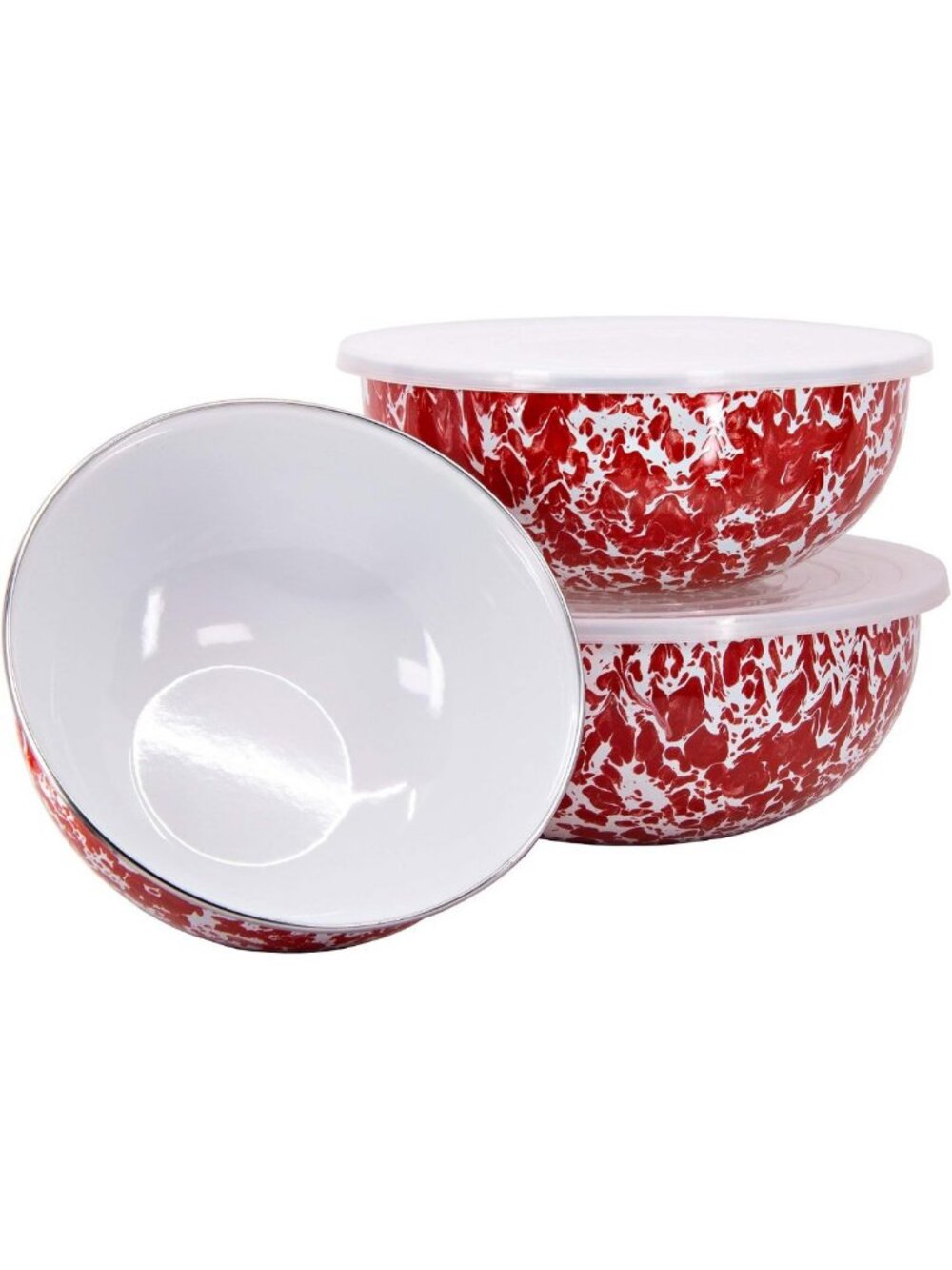 Set of 3 Nested Enamel Mixing Bowls with Lids - Red Swirl Kitchen Essentials